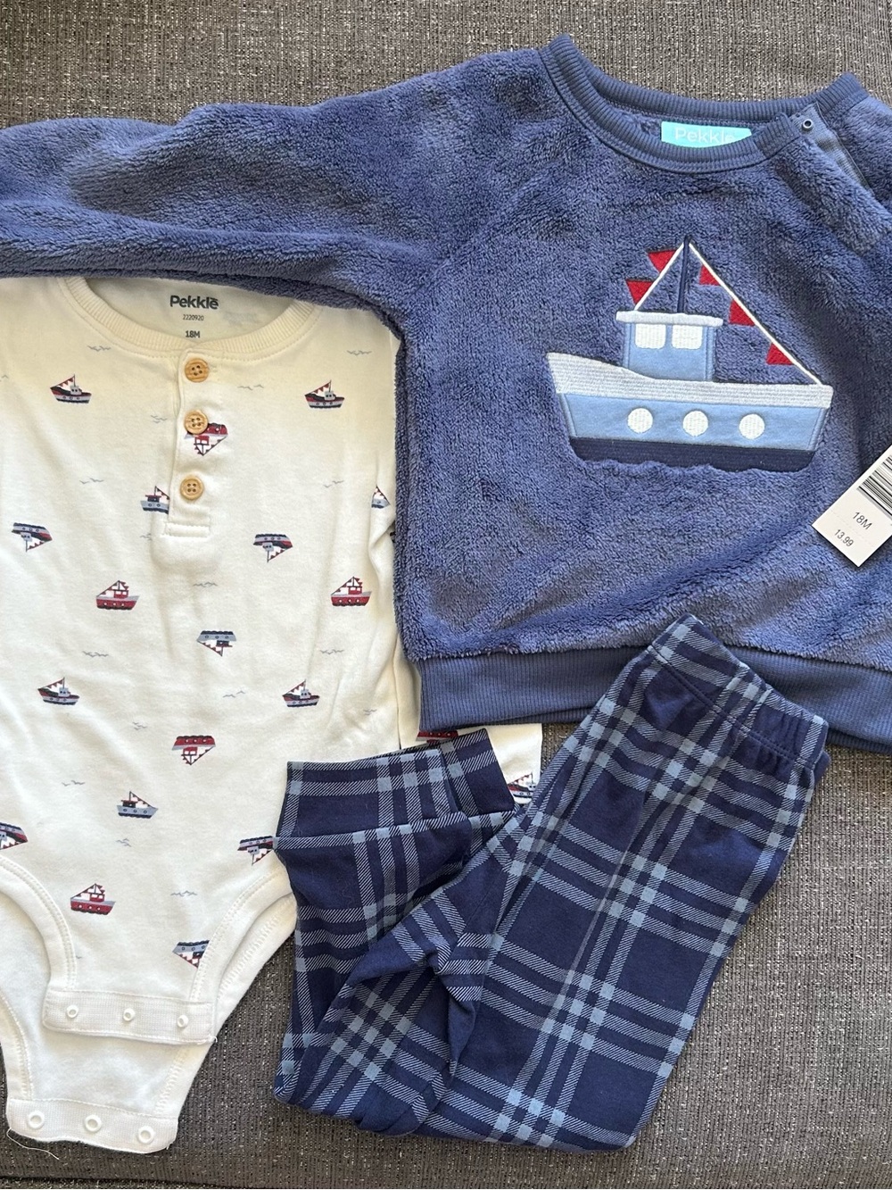 5/$25 Pekkle 3pc set, Sweater, Plaid pants, Long sleeve bodysuit with boat print